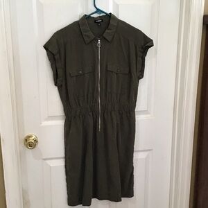 Express Olive Green Zip-Front Shirt Mini Dress